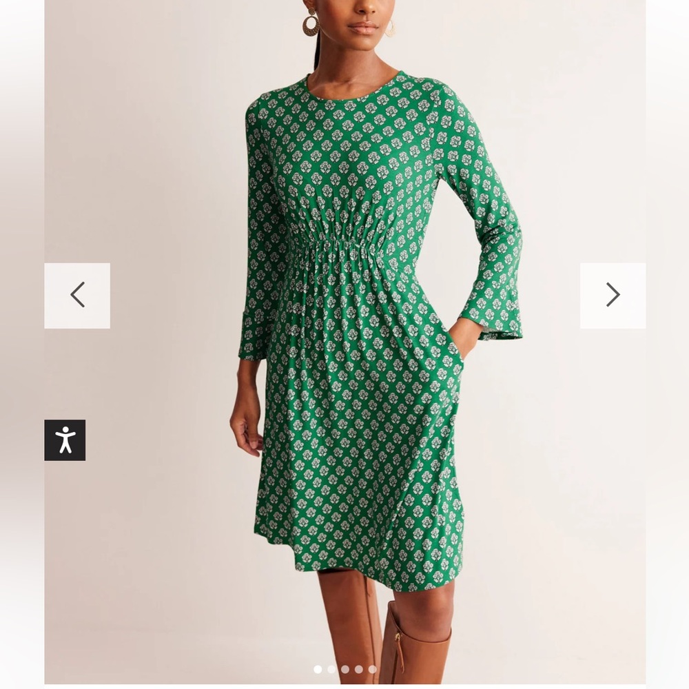 Boden Flute Sleeve Jersey Midi Dress Emerald Green Pome‎ Print Size 14 (Large)